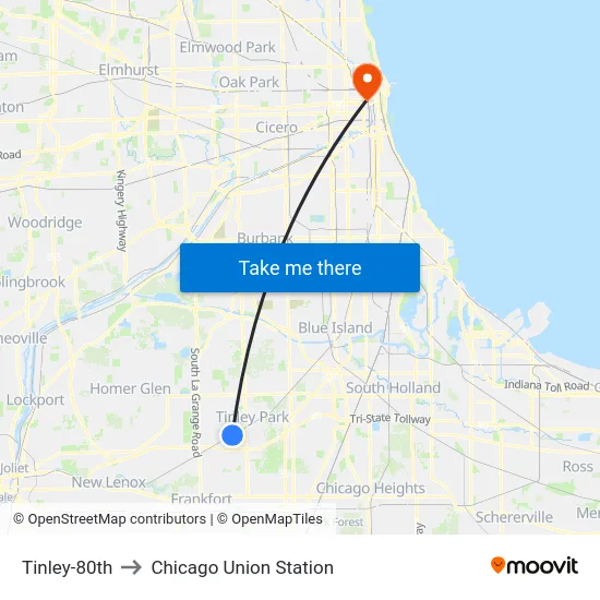 Tinley-80th to Chicago Union Station map