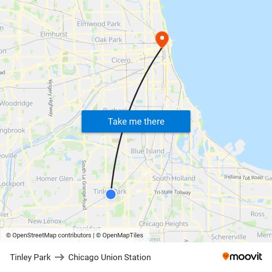 Tinley Park to Chicago Union Station map