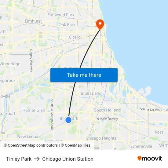 Tinley Park to Chicago Union Station map