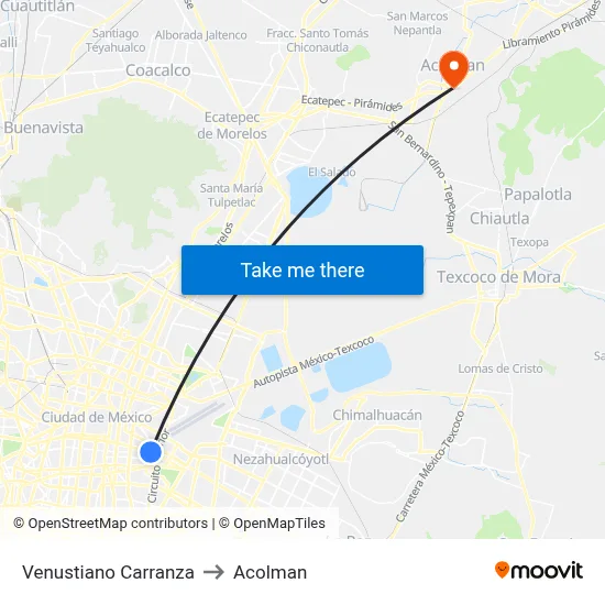 Venustiano Carranza to Acolman map