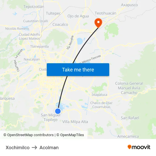 Xochimilco to Acolman map