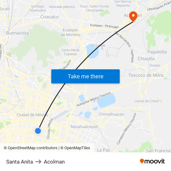 Santa Anita to Acolman map