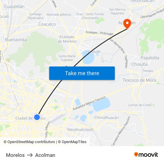 Morelos to Acolman map