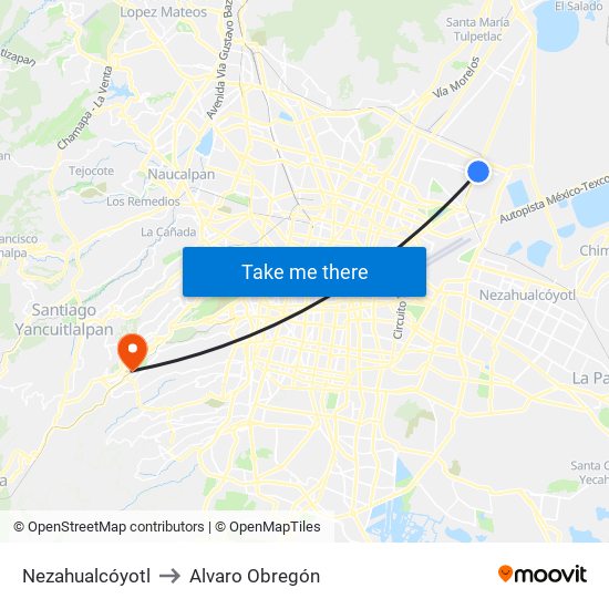 Nezahualcóyotl to Alvaro Obregón map