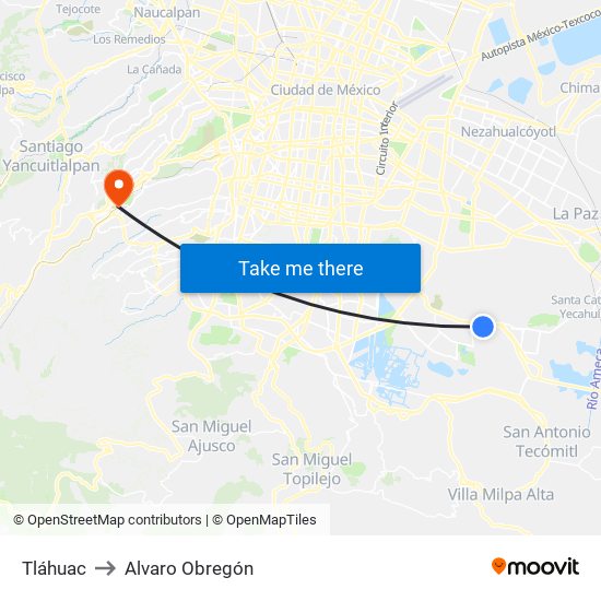 Tláhuac to Alvaro Obregón map