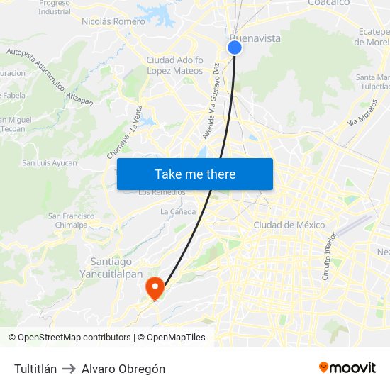 Tultitlán to Alvaro Obregón map