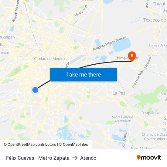 Félix Cuevas - Metro Zapata to Atenco map