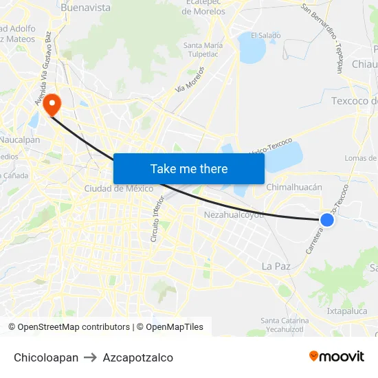 Chicoloapan to Azcapotzalco map