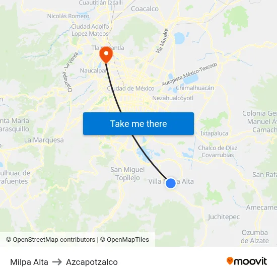 Milpa Alta to Azcapotzalco map