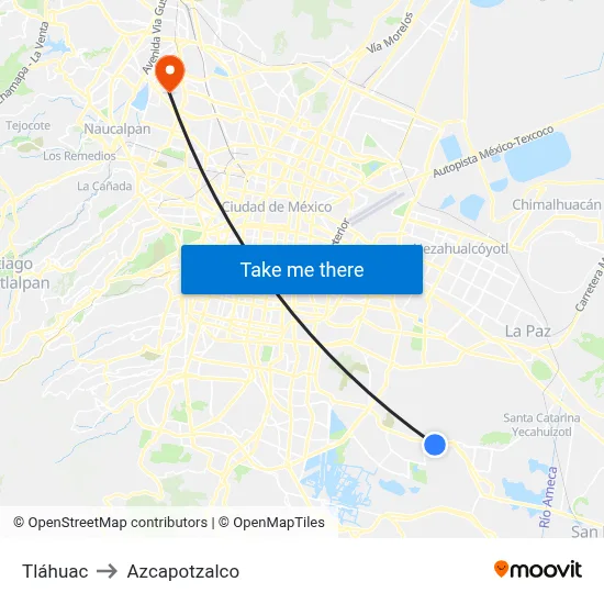 Tláhuac to Azcapotzalco map