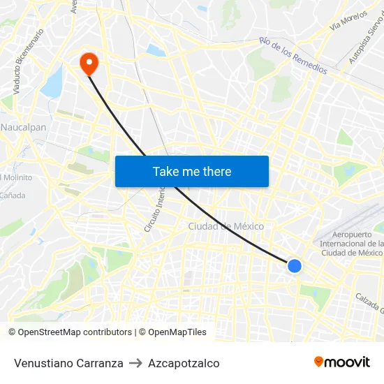 Venustiano Carranza to Azcapotzalco map