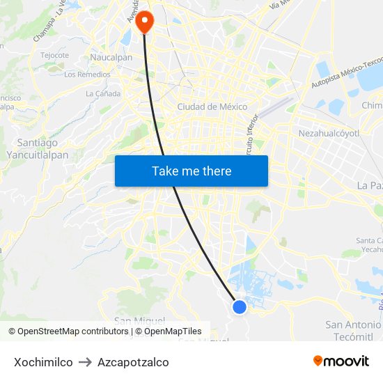 Xochimilco to Azcapotzalco map