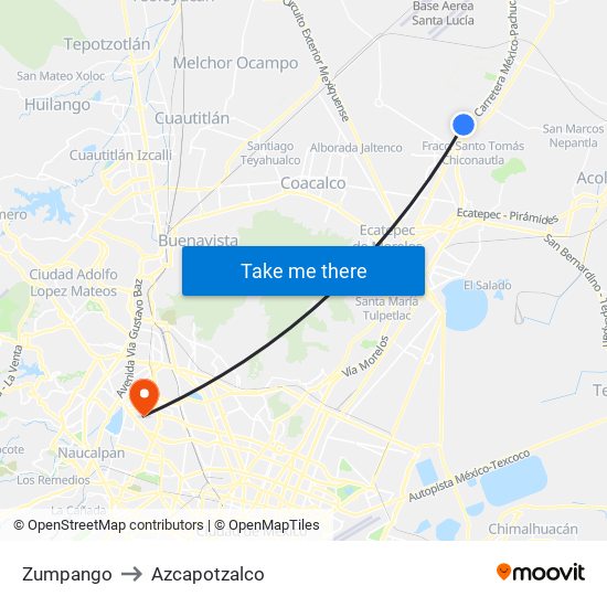 Zumpango to Azcapotzalco map
