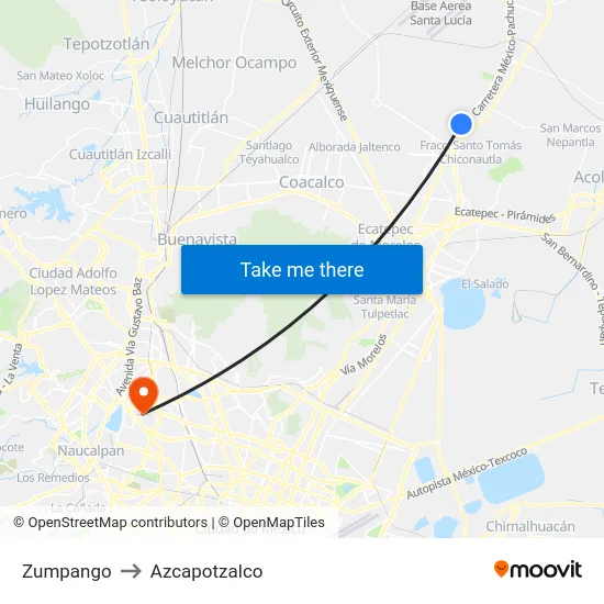 Zumpango to Azcapotzalco map