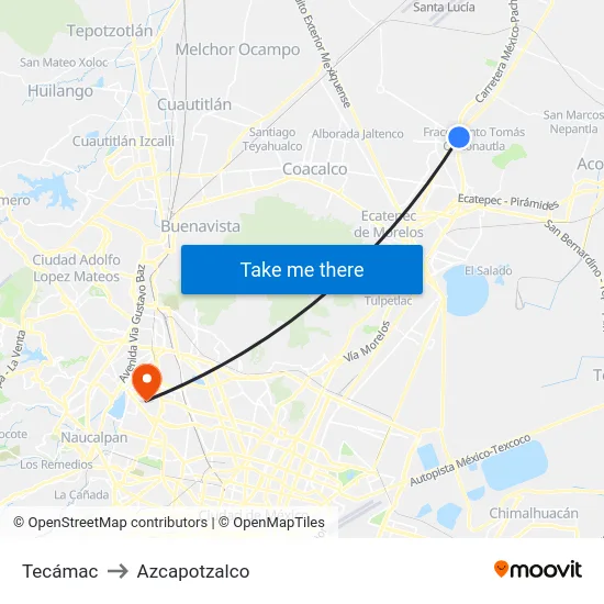 Tecámac to Azcapotzalco map