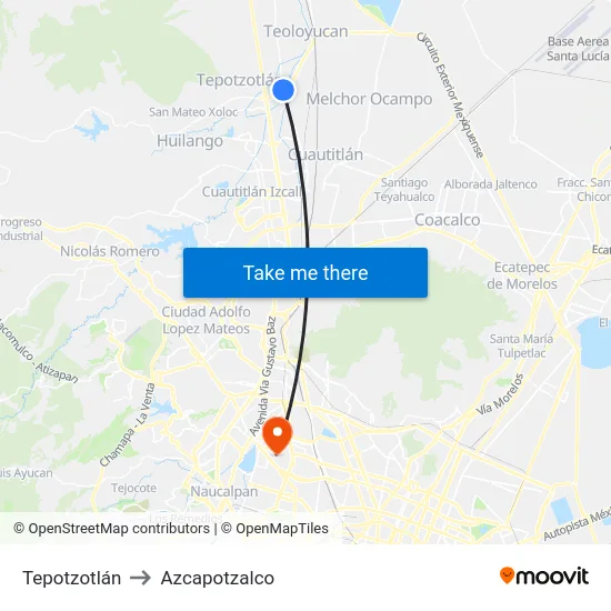 Tepotzotlán to Azcapotzalco map