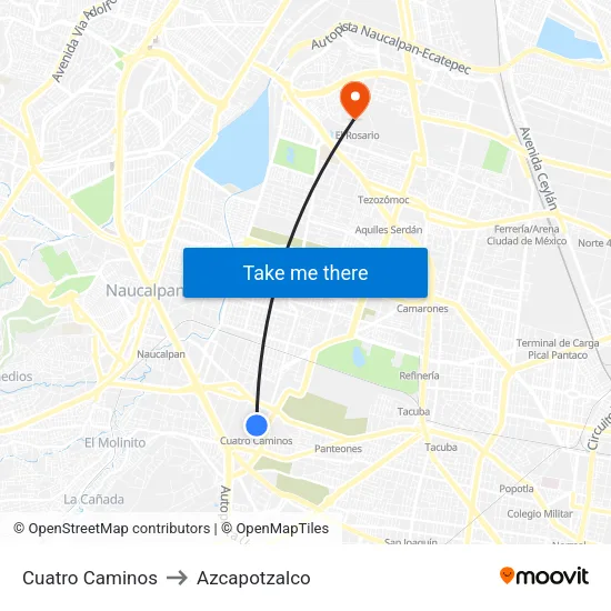 Cuatro Caminos to Azcapotzalco map