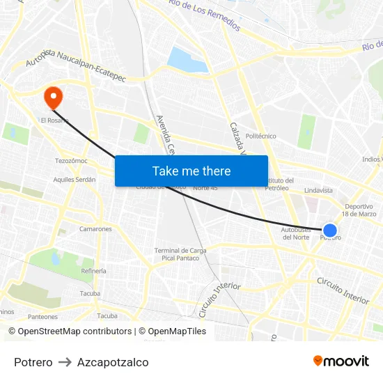 Potrero to Azcapotzalco map