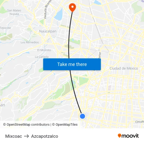 Mixcoac to Azcapotzalco map