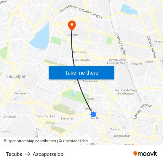 Tacuba to Azcapotzalco map