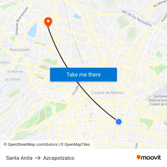 Santa Anita to Azcapotzalco map
