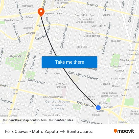 Félix Cuevas - Metro Zapata to Benito Juárez map