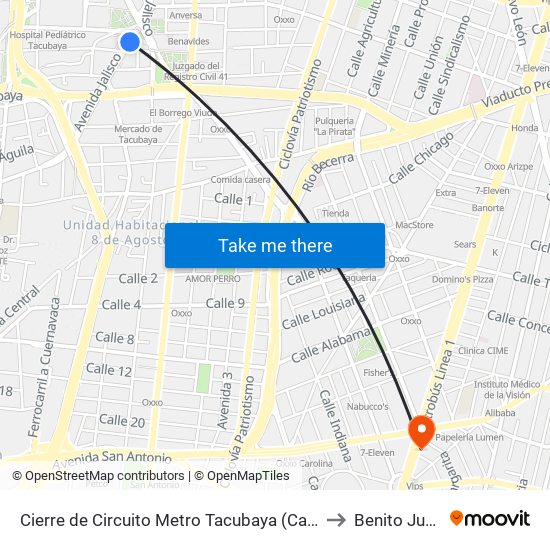 Cierre de Circuito Metro Tacubaya (Cartagena) to Benito Juárez map