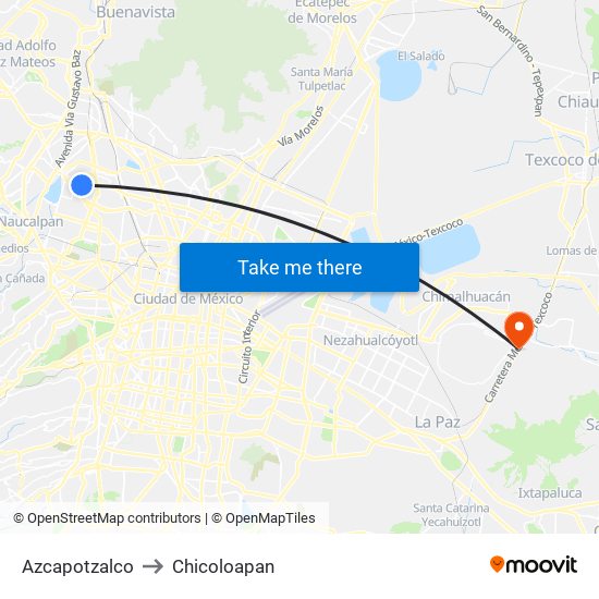 Azcapotzalco to Chicoloapan map