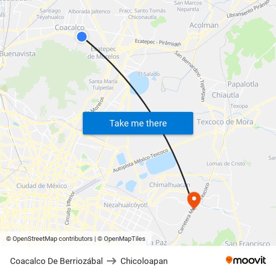 Coacalco De Berriozábal to Chicoloapan map