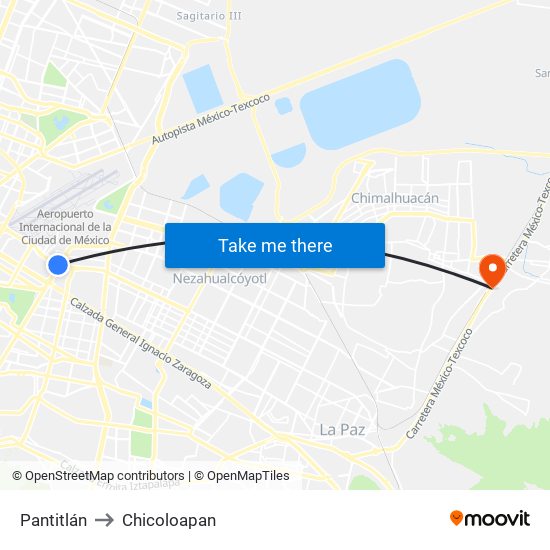 Pantitlán to Chicoloapan map