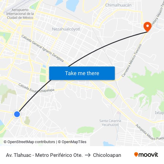 Av. Tlahuac - Metro Periférico Ote. to Chicoloapan map