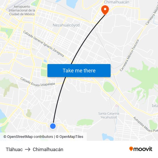 Tláhuac to Chimalhuacán map