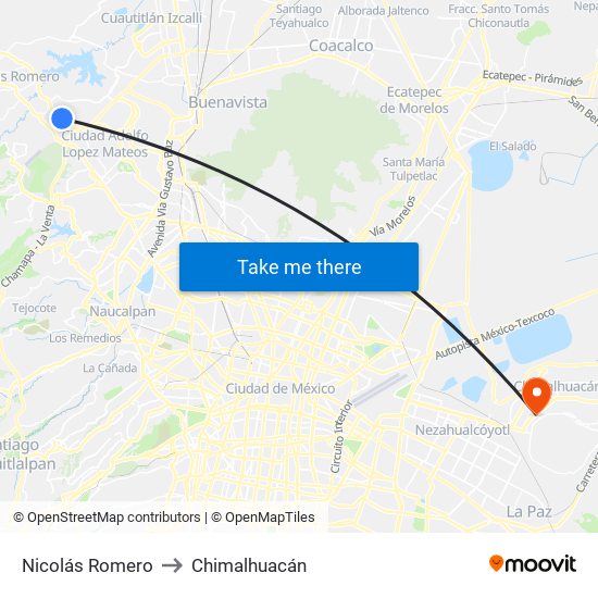 Nicolás Romero to Chimalhuacán map