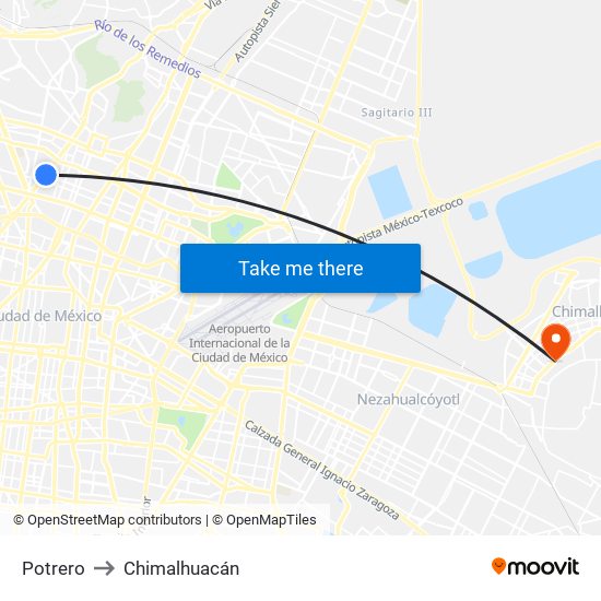 Potrero to Chimalhuacán map