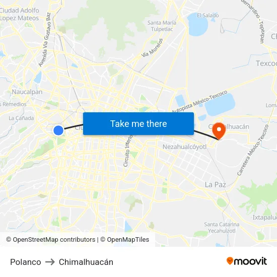 Polanco to Chimalhuacán map