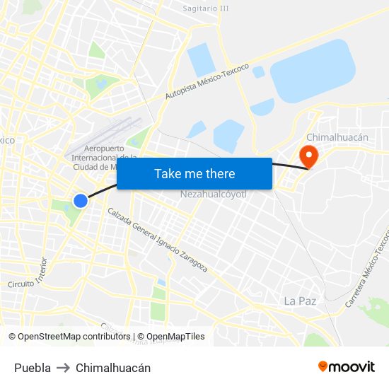 Puebla to Chimalhuacán map
