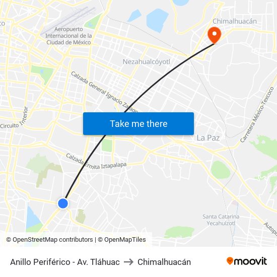 Anillo Periférico - Av. Tláhuac to Chimalhuacán map