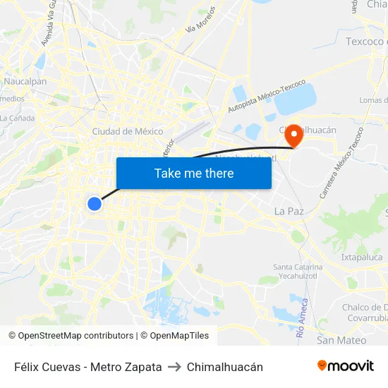 Félix Cuevas - Metro Zapata to Chimalhuacán map