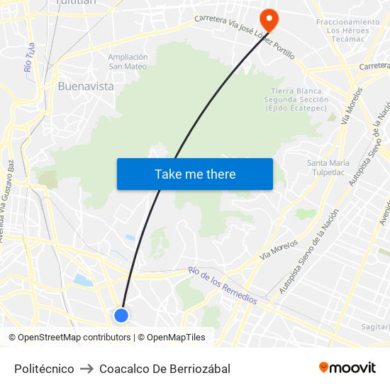 Politécnico to Coacalco De Berriozábal map