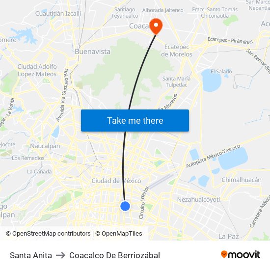 Santa Anita to Coacalco De Berriozábal map