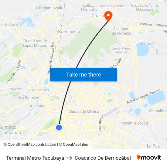 Terminal Metro Tacubaya to Coacalco De Berriozábal map