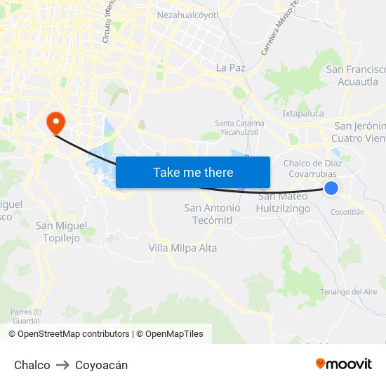 Chalco to Coyoacán map