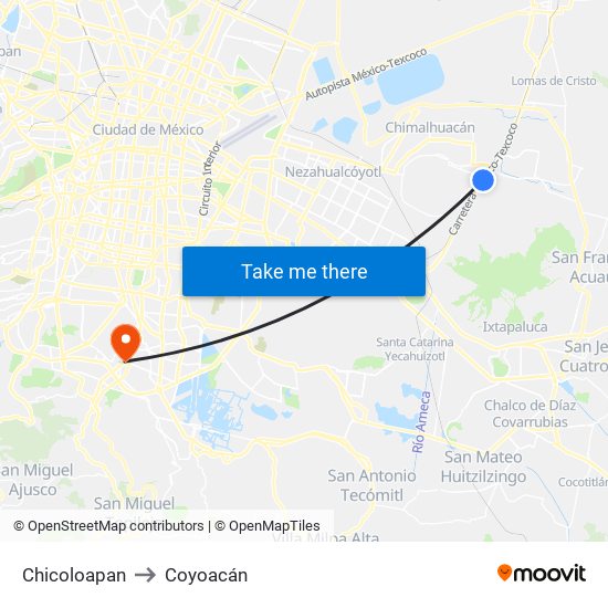 Chicoloapan to Coyoacán map