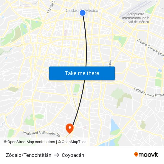 Zócalo/Tenochtitlán to Coyoacán map