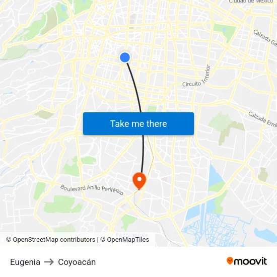 Eugenia to Coyoacán map