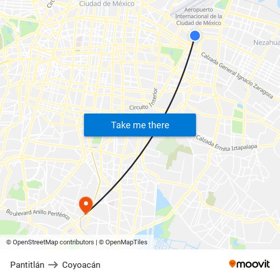 Pantitlán to Coyoacán map