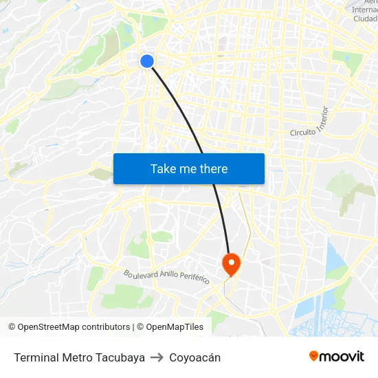 Terminal Metro Tacubaya to Coyoacán map
