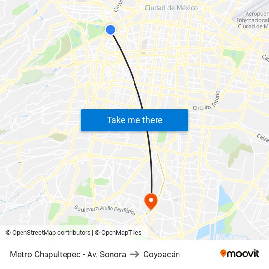 Metro Chapultepec - Av. Sonora to Coyoacán map