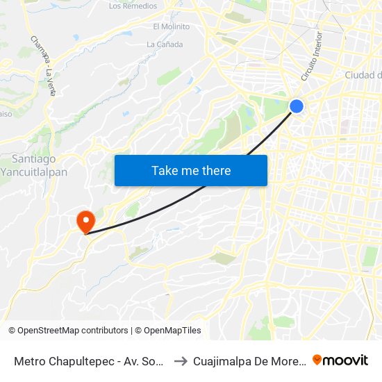 Metro Chapultepec - Av. Sonora to Cuajimalpa De Morelos map