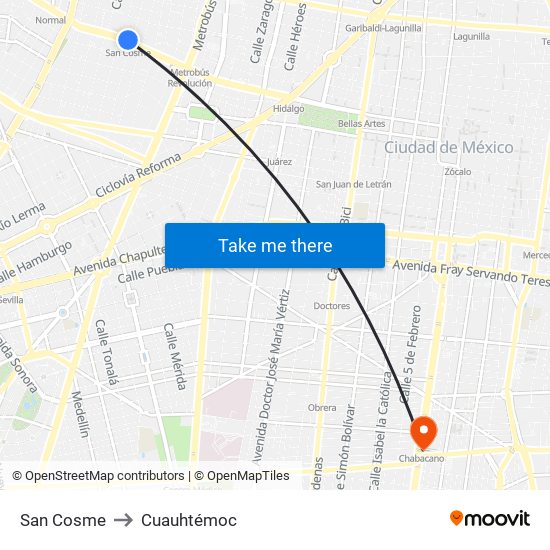 San Cosme to Cuauhtémoc map